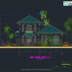 File cad thiết kế kiến trúc mẫu biệt thự 2 tầng 12x13m 4 mặt tiền