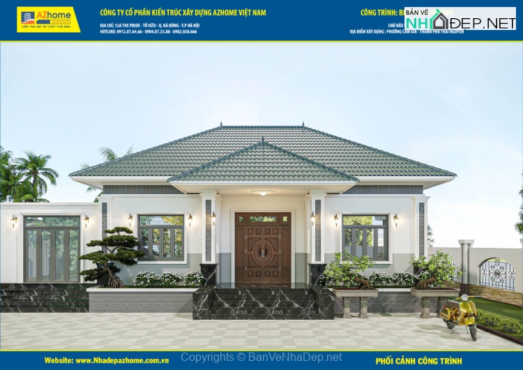 Biệt thự 1 tầng mái Nhật mới nhất 2024, kích thước 12,2x12,46m