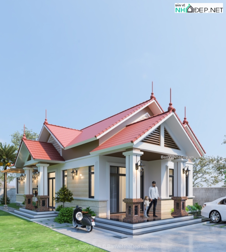 Bản nhà cấp 4 mái thái 7x20m file autocad và sketchup