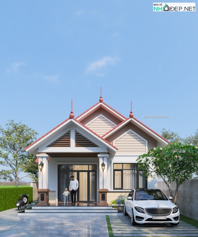 Bản nhà cấp 4 mái thái 7x20m file autocad và sketchup