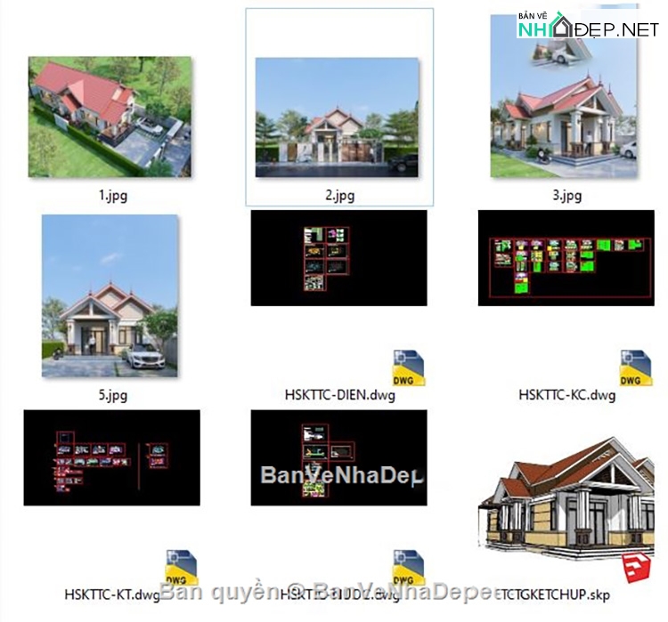 Bản nhà cấp 4 mái thái 7x20m file autocad và sketchup