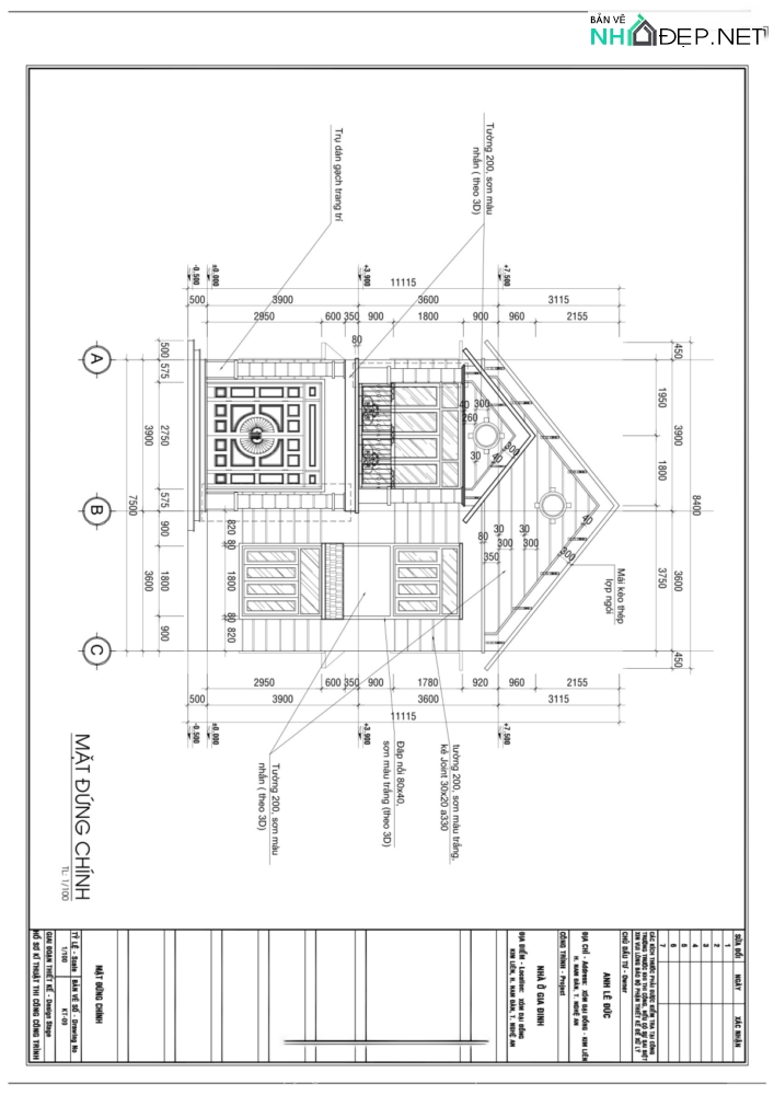 Bản vẽ autocad Biệt thự 2 tầng mái Thái 7.5×12.9m