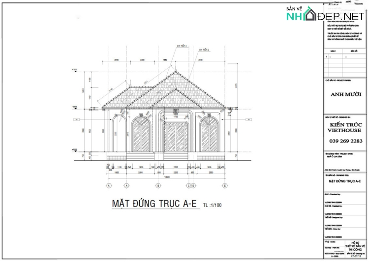 Bản vẽ autocad nhà cấp 4 mái nhật 9x11m