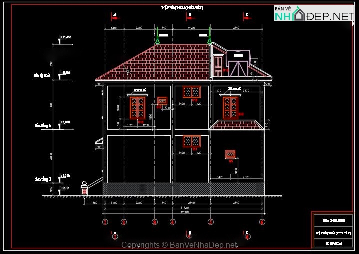 Bản vẽ (autocad + sketchup) Nhà 2 tầng mái Nhật kích thước 8x12m