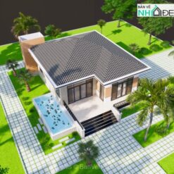 Alternative view of Bản vẽ biệt thự 1 tầng mái nhật phong cách hiện đại kích thước 14.7x13.4m