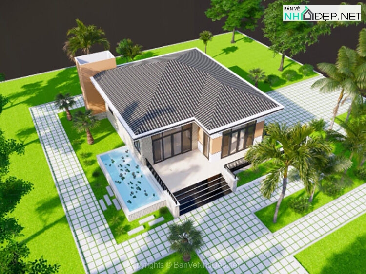 Autocad Biệt thự 1 tầng mái nhật 14.6×13.5m