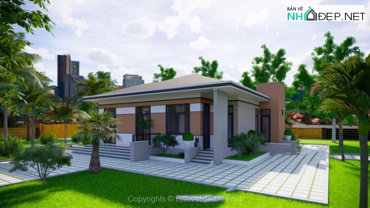 Autocad Biệt thự 1 tầng mái nhật 14.6×13.5m