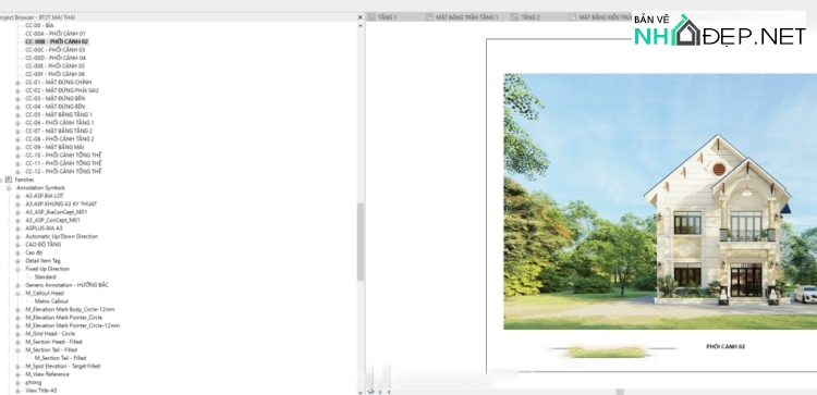 Bản vẽ Biệt thự 2 tầng Revit Kiến trúc + Phối cảnh