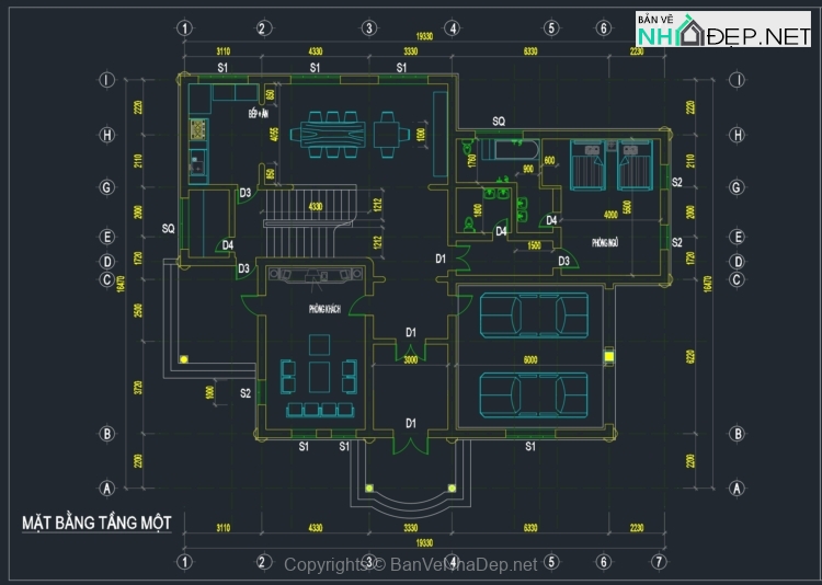 Bản vẽ Biệt thự 3 tầng kích thước 16x19m miễn phí