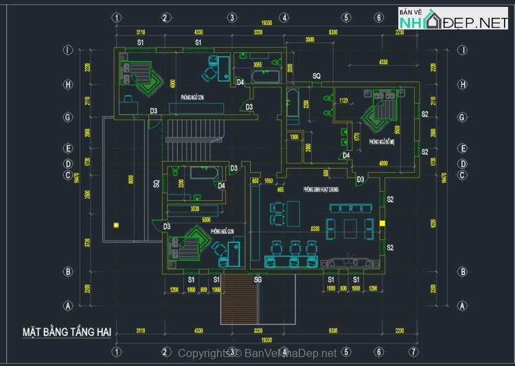 Bản vẽ Biệt thự 3 tầng kích thước 16x19m miễn phí