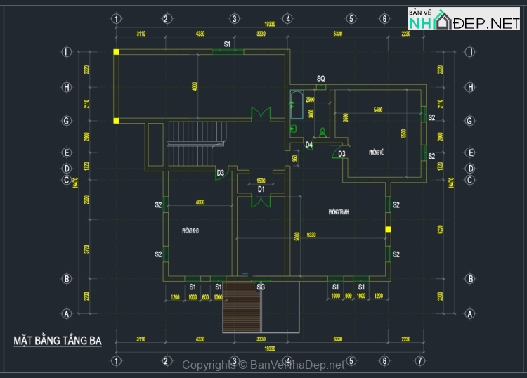 Bản vẽ Biệt thự 3 tầng kích thước 16x19m miễn phí
