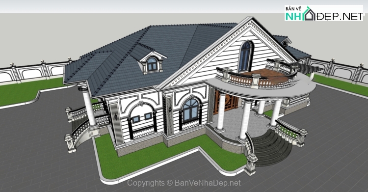 Bản vẽ biệt thự tân cổ điển 1 tầng 16.1×24.4m