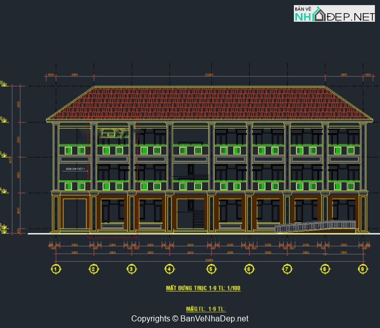 Bản vẽ cad thiết kế trường tiểu học 9 phòng học 3 tầng 30.8×8.9m trường tiểu học