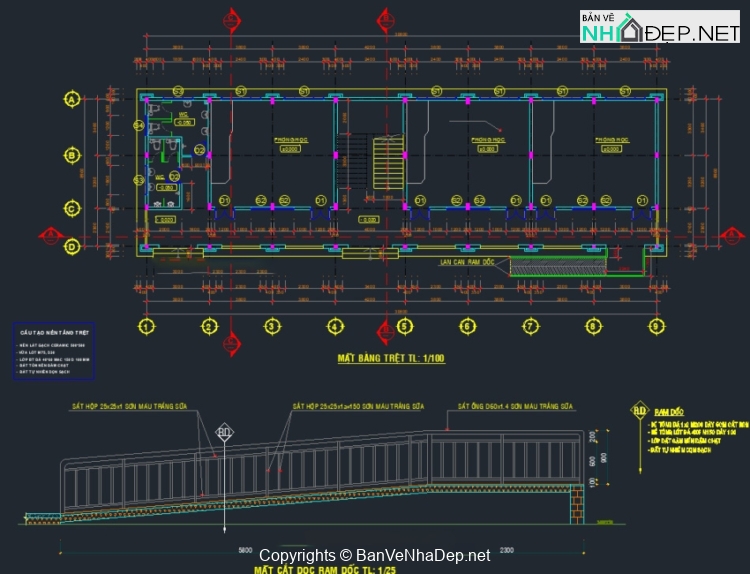 Bản vẽ cad thiết kế trường tiểu học 9 phòng học 3 tầng 30.8×8.9m trường tiểu học