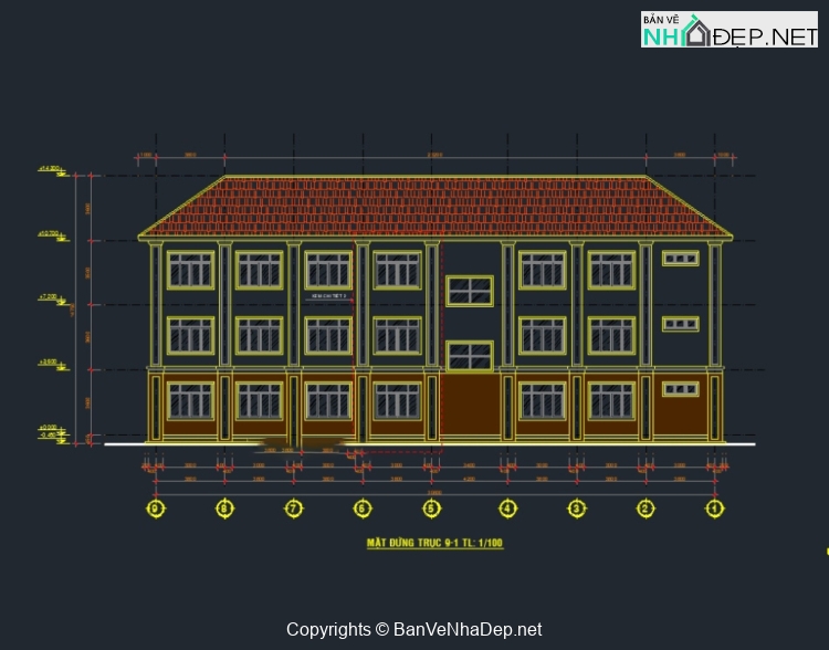 Bản vẽ cad thiết kế trường tiểu học 9 phòng học 3 tầng 30.8×8.9m trường tiểu học