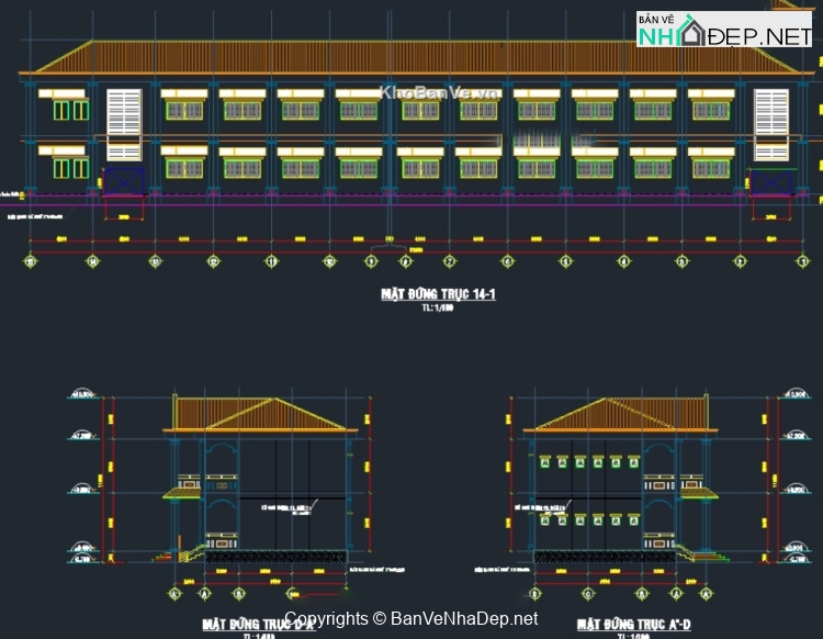 Bản vẽ cad thiết kế trường tiểu học khối 10 phòng học 2 tầng 9.5×51.85m và khối bán trú 6.2x32m trường tiểu học