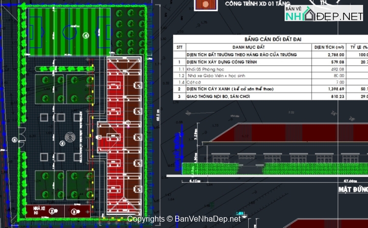 Bản vẽ cad thiết kế trường tiểu học khối 5 phòng học và công trình phụ trợ 12.1x47m trường tiểu học