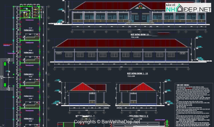 Bản vẽ cad thiết kế trường tiểu học khối 5 phòng học và công trình phụ trợ 12.1x47m trường tiểu học
