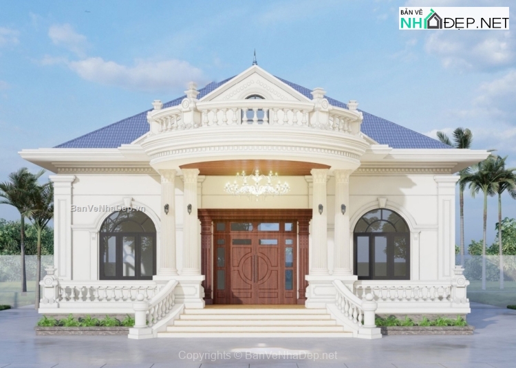 Bản vẽ chi tiết biệt thự 1 tầng tân cổ điển 12.8×11.3m