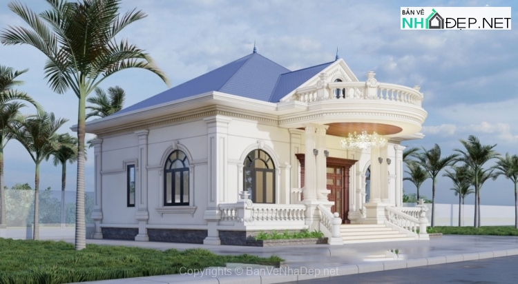 Bản vẽ chi tiết biệt thự 1 tầng tân cổ điển 12.8×11.3m