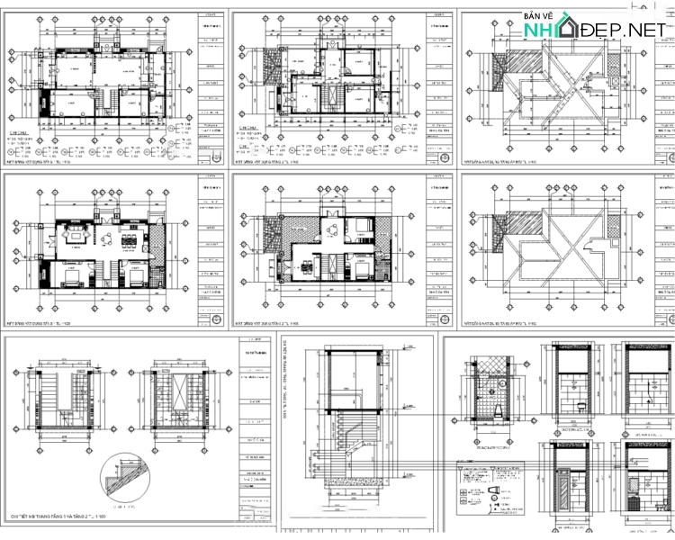 Bản vẽ chi tiết biệt thự 2 tầng hiện đại mái nhật 8×13.5m