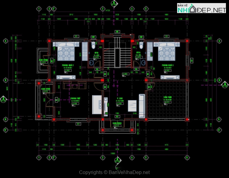 Bản vẽ chi tiết Biệt thự 2 tầng hiện đại mái thái 9x15m