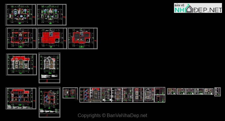 Bản vẽ chi tiết Biệt thự 2 tầng hiện đại mái thái 9x15m