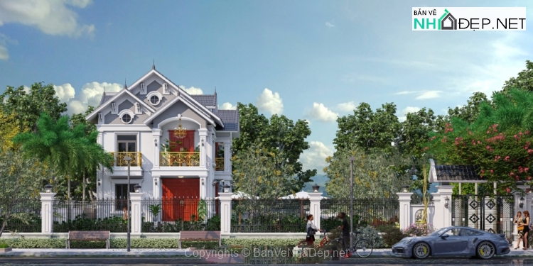 Bản vẽ chi tiết Biệt thự 2 tầng hiện đại mái thái 9x15m