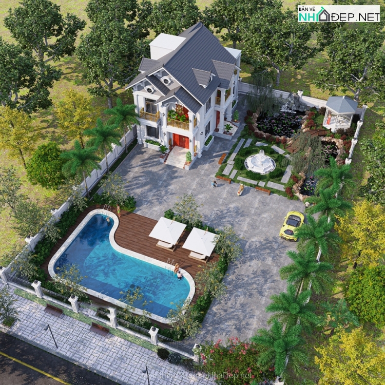 Bản vẽ chi tiết Biệt thự 2 tầng hiện đại mái thái 9x15m