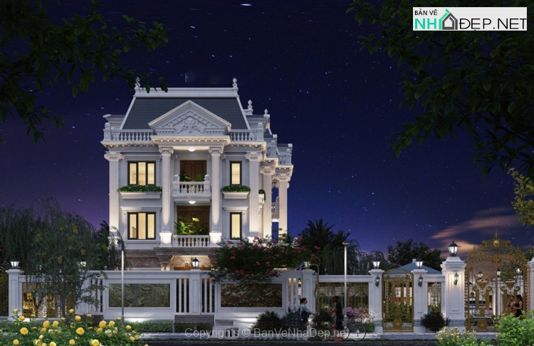 Bản vẽ chi tiết Biệt thự 3 tầng tân cổ điển 11.8×15.5m