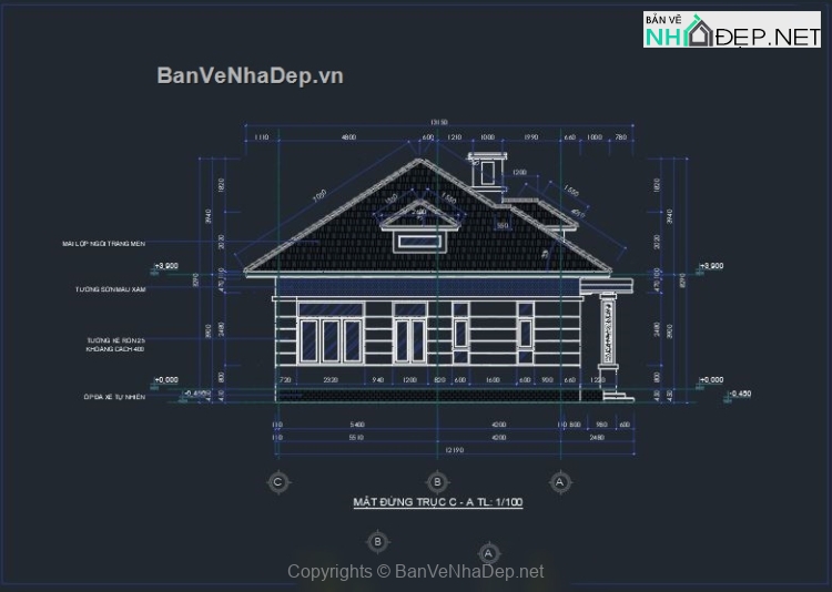 Bản vẽ chi tiết biệt thự hiện đại 1 tầng mái nhật 14x10m