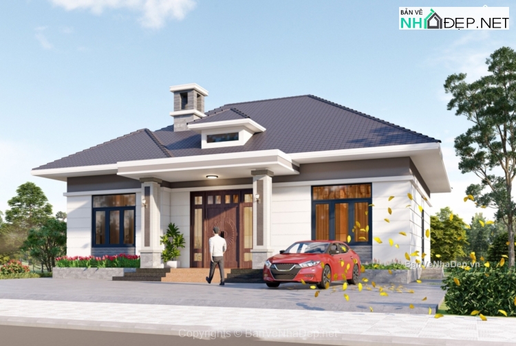 Bản vẽ chi tiết biệt thự hiện đại 1 tầng mái nhật 14x10m