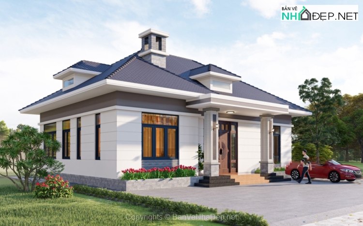 Bản vẽ chi tiết biệt thự hiện đại 1 tầng mái nhật 14x10m