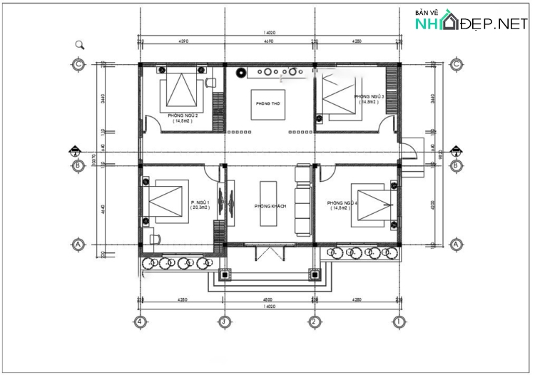 Bản vẽ chi tiết biệt thự hiện đại 1 tầng mái nhật 14x10m