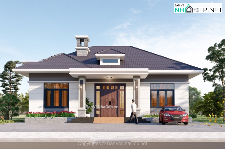 Bản vẽ chi tiết biệt thự hiện đại 1 tầng mái nhật 14x10m