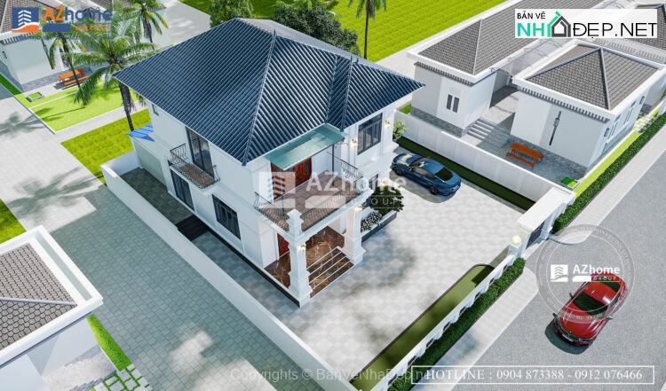 Bản vẽ chi tiết mẫu biệt thự 2 tầng mái nhật hiện đại,kt 10.5×15.4m