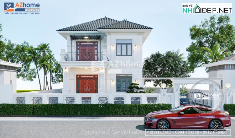 Bản vẽ chi tiết mẫu biệt thự 2 tầng mái nhật hiện đại,kt 10.5×15.4m