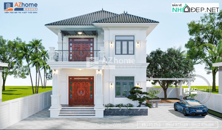 Bản vẽ chi tiết mẫu biệt thự 2 tầng mái nhật hiện đại,kt 10.5×15.4m