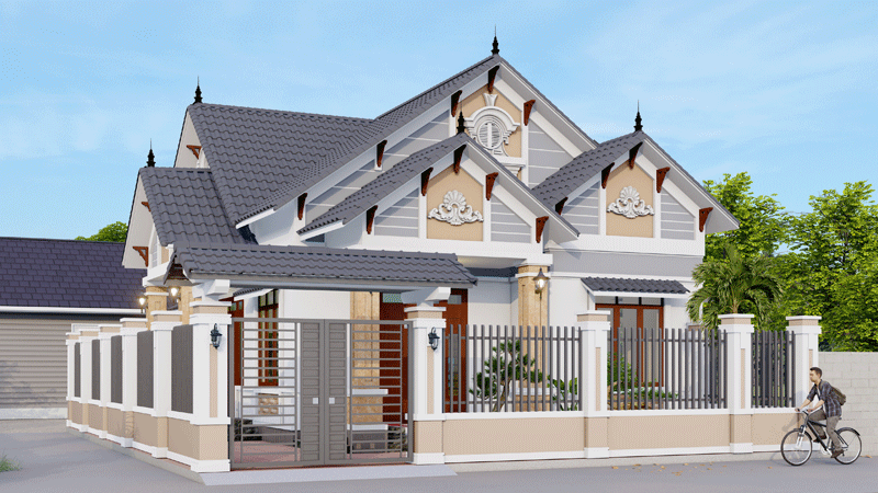 Bản vẽ Hồ sơ kiến trúc nhà mái thái 1 tầng 13.6×11