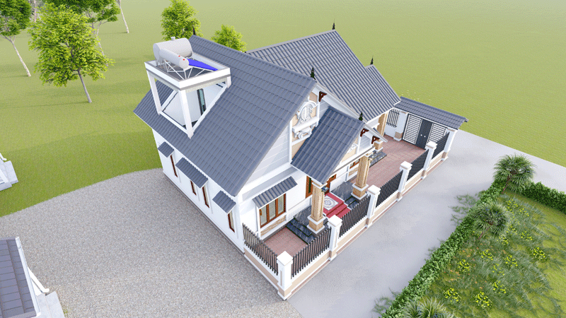 Bản vẽ Hồ sơ kiến trúc nhà mái thái 1 tầng 13.6×11