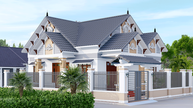 Bản vẽ Hồ sơ kiến trúc nhà mái thái 1 tầng 13.6×11