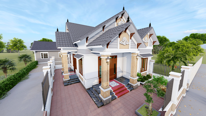 Bản vẽ Hồ sơ kiến trúc nhà mái thái 1 tầng 13.6×11