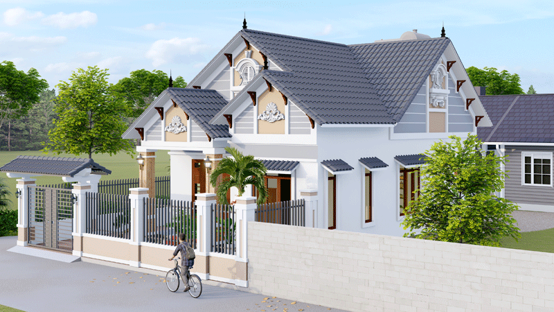 Bản vẽ Hồ sơ kiến trúc nhà mái thái 1 tầng 13.6×11