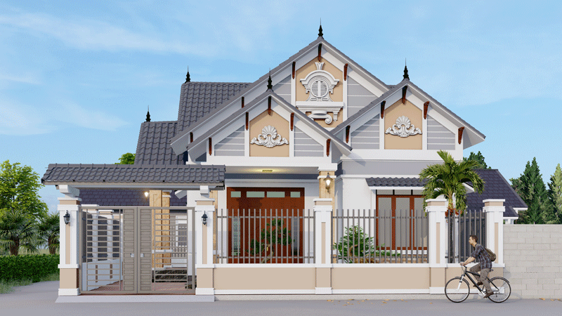 Bản vẽ Hồ sơ kiến trúc nhà mái thái 1 tầng 13.6×11