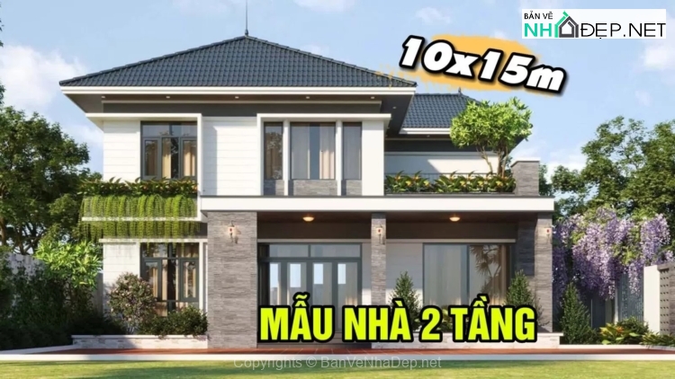Bản vẽ nhà biệt thự mái thái 10x15m x 2 tầng