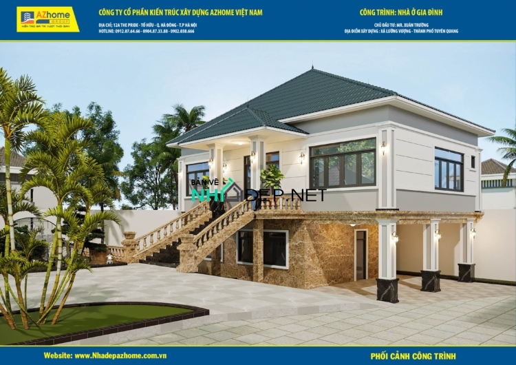 Bản vẽ nhà vườn 2 tầng mái 13×9.1 mái nhật