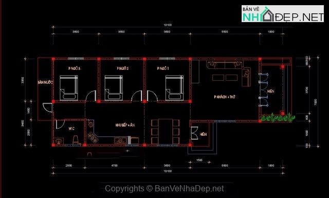Bản vẽ thiết kế biệt thự vườn 1 tầng kích thước 7×18.1m