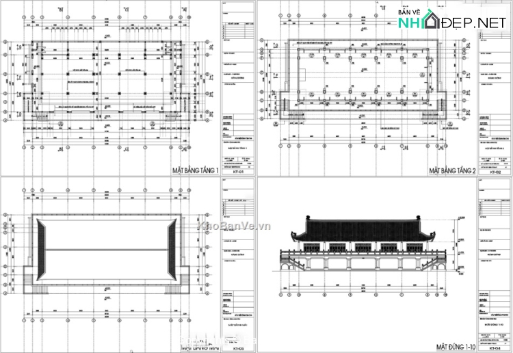 Bản vẽ thiết kế nhà cổ 2 tầng giảng đường thiền viện 19.5x41m