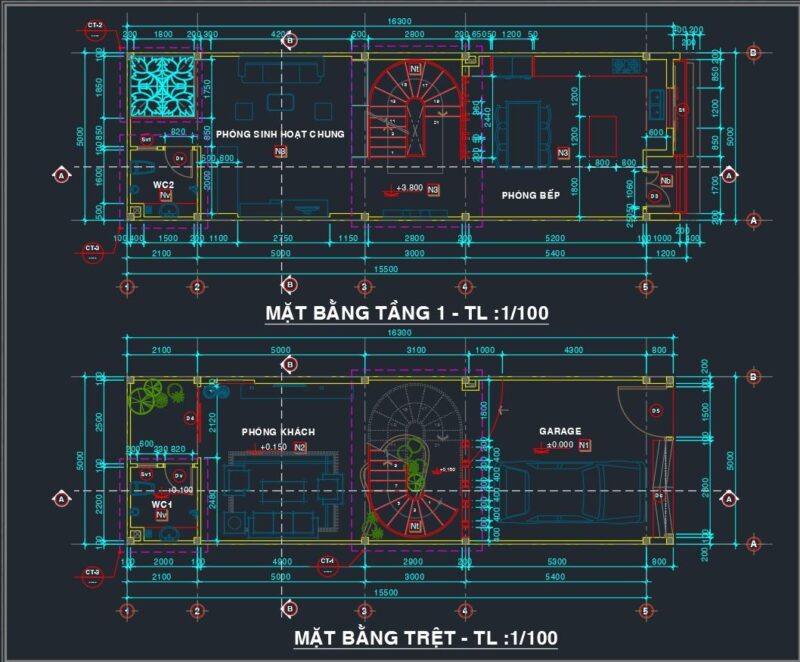 Bản vẽ thiết kế nhà phố 5 tầng KT5x16.3m (Sketchup + Autocad)