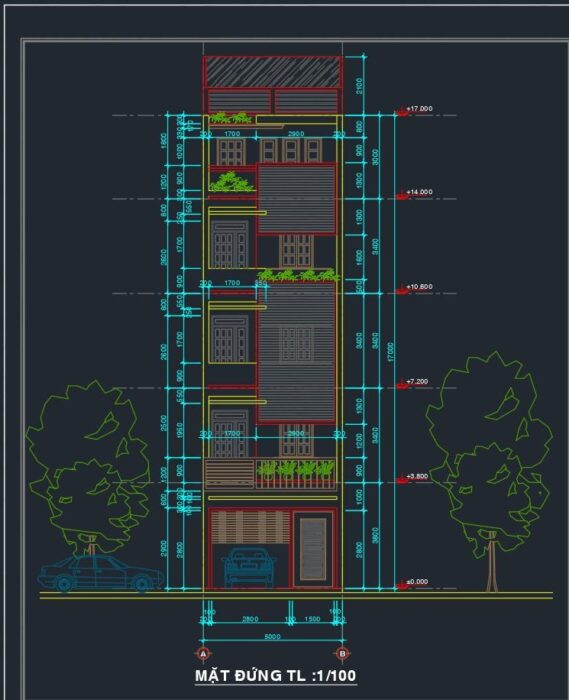 Bản vẽ thiết kế nhà phố 5 tầng KT5x16.3m (Sketchup + Autocad)